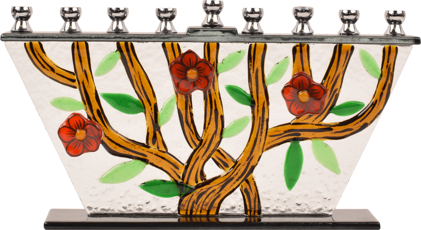 Hand Crafted Glass Menorah - Tree of Life - Flowers