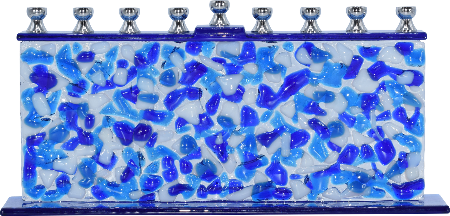 Hand Crafted Glass Menorah - Confetti Blue & White