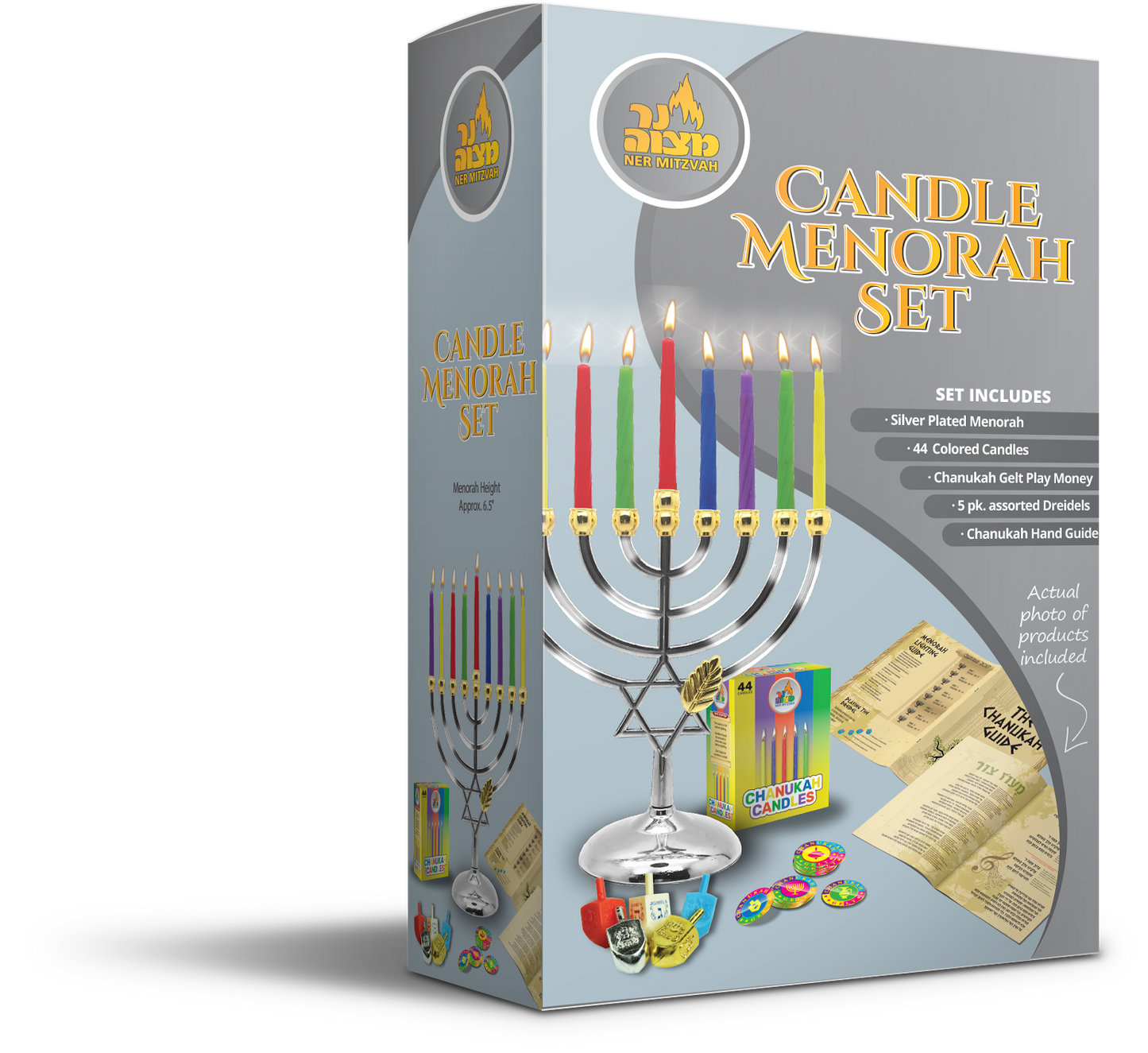 Candle Menorah Set Chrome Plated W/ Gold Tips