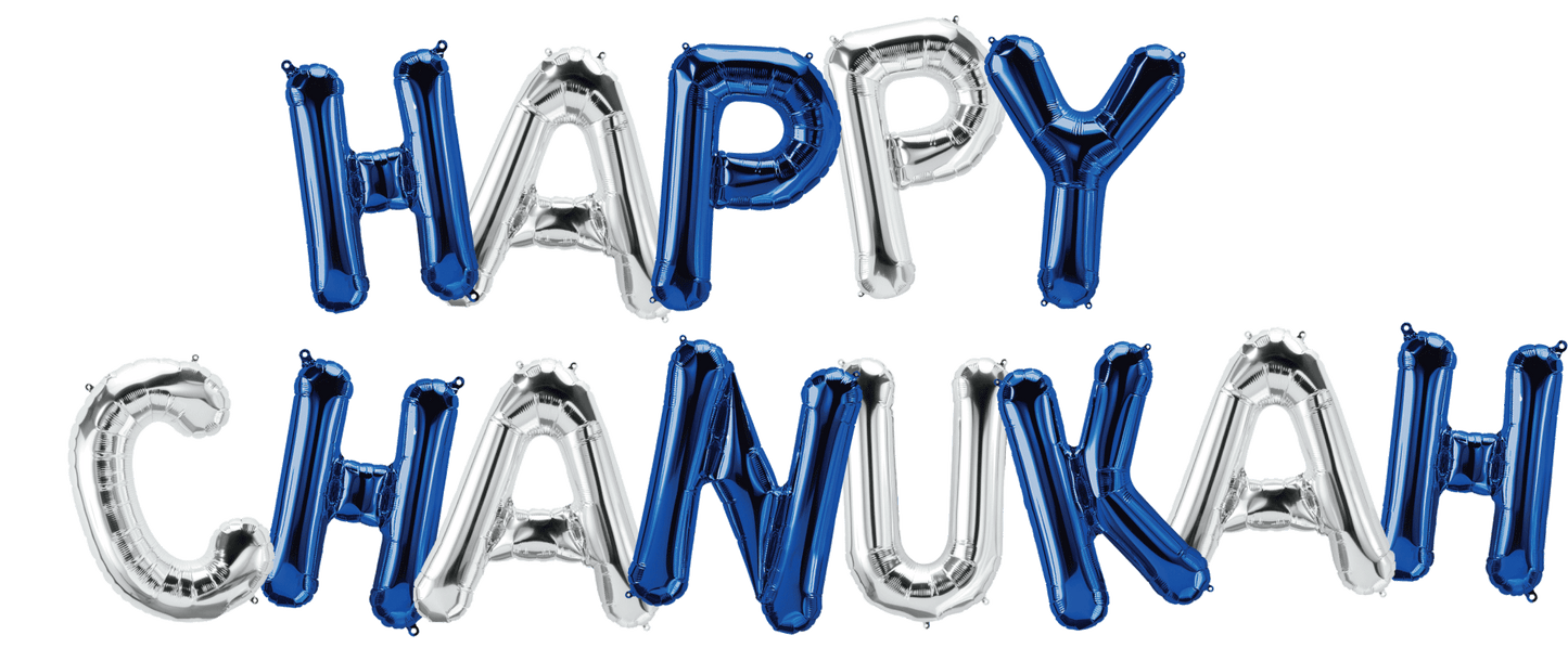 Happy Chanukah Letter Balloons - Silver and Blue