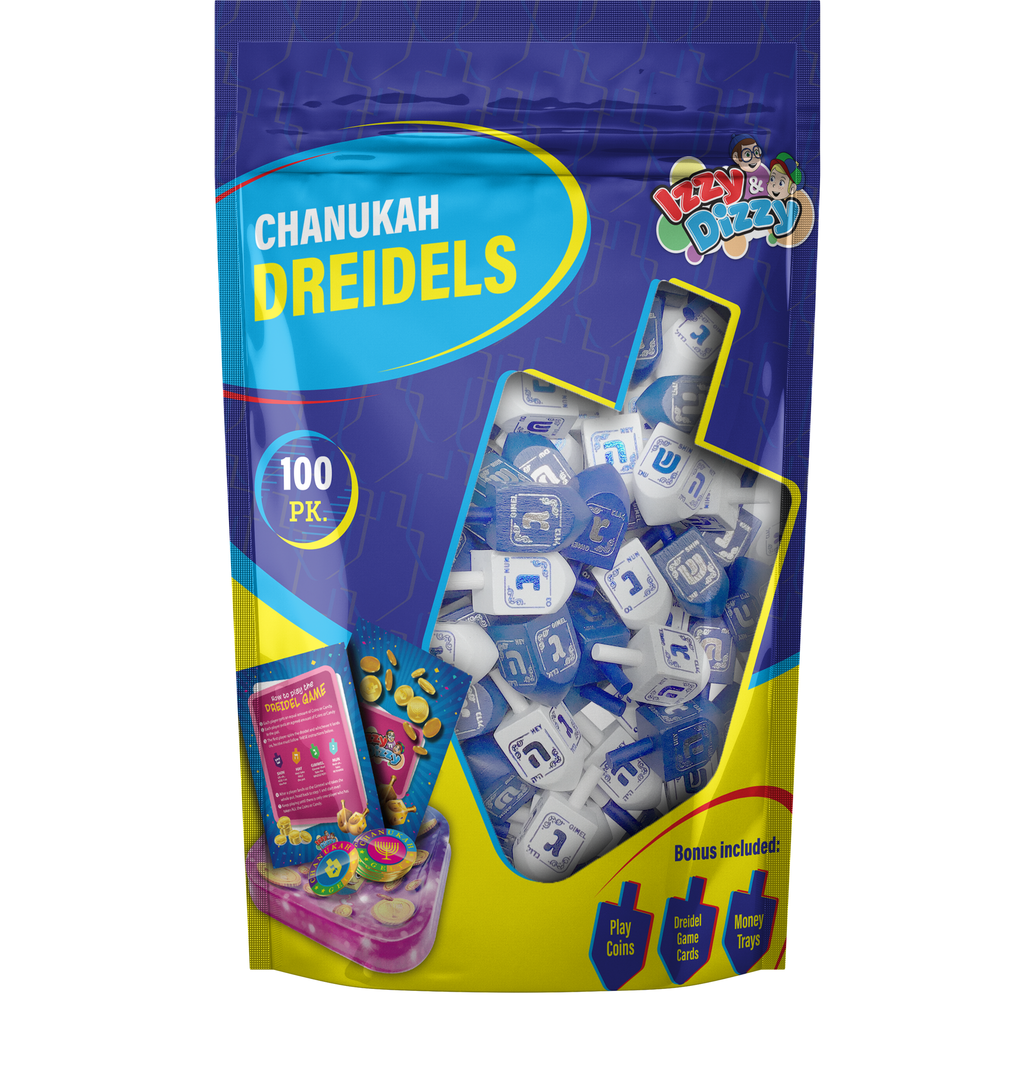 100 Blue & White Wood Dreidels Medium Bulk Pack