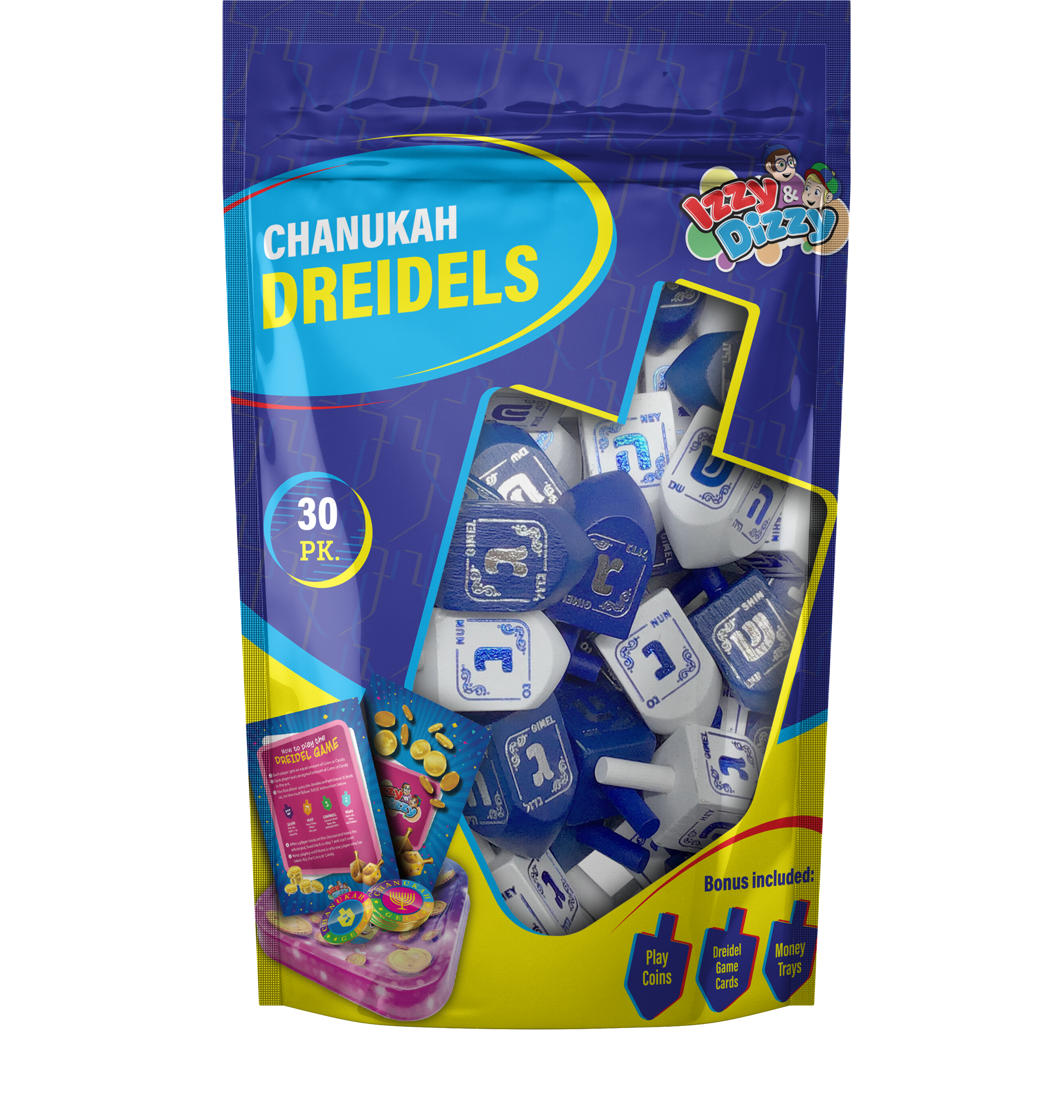 30 Blue & White Wood Dreidels Medium Bulk Pack