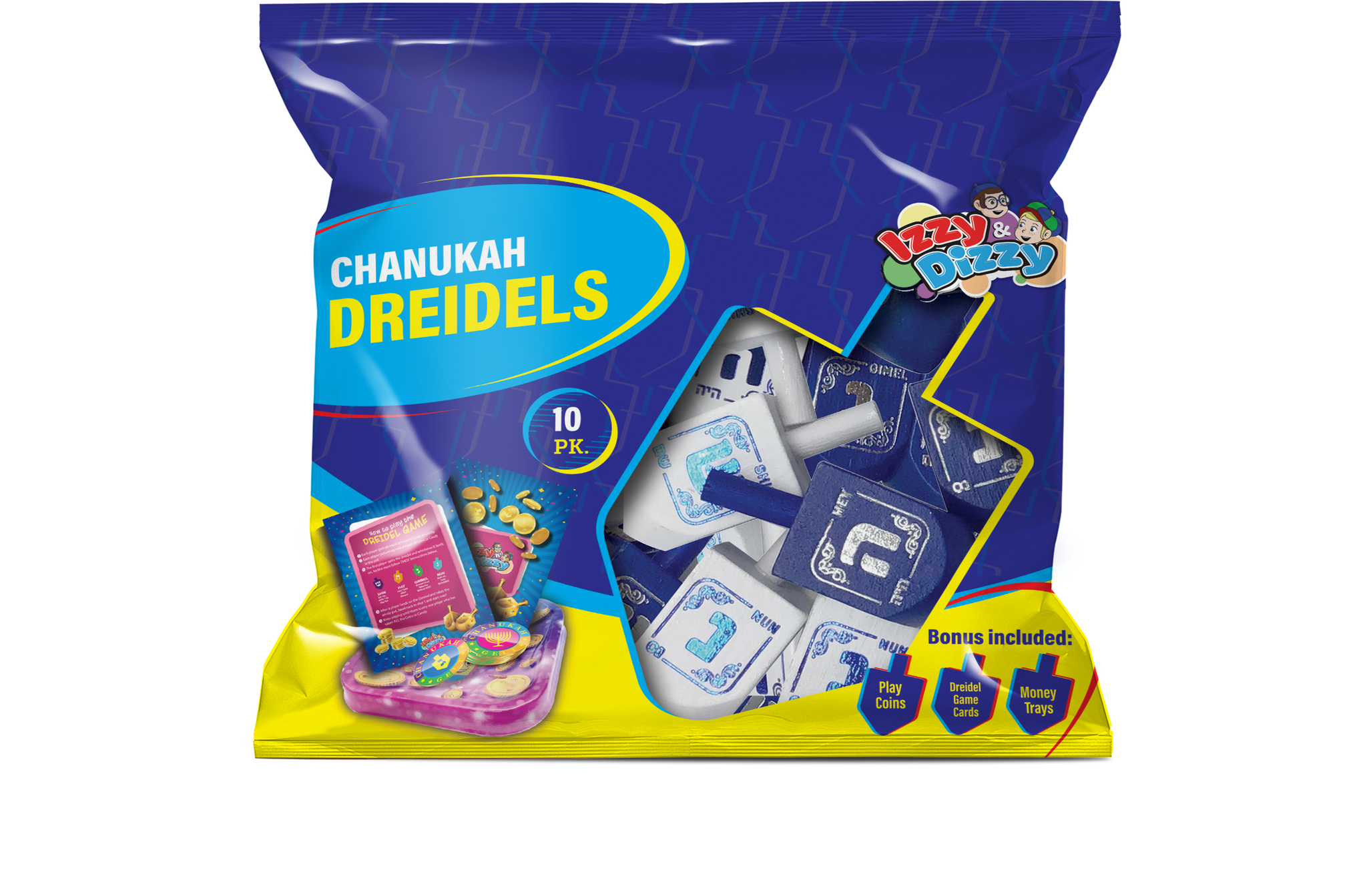 10PK. Blue & White Wood Dreidels Medium Pack