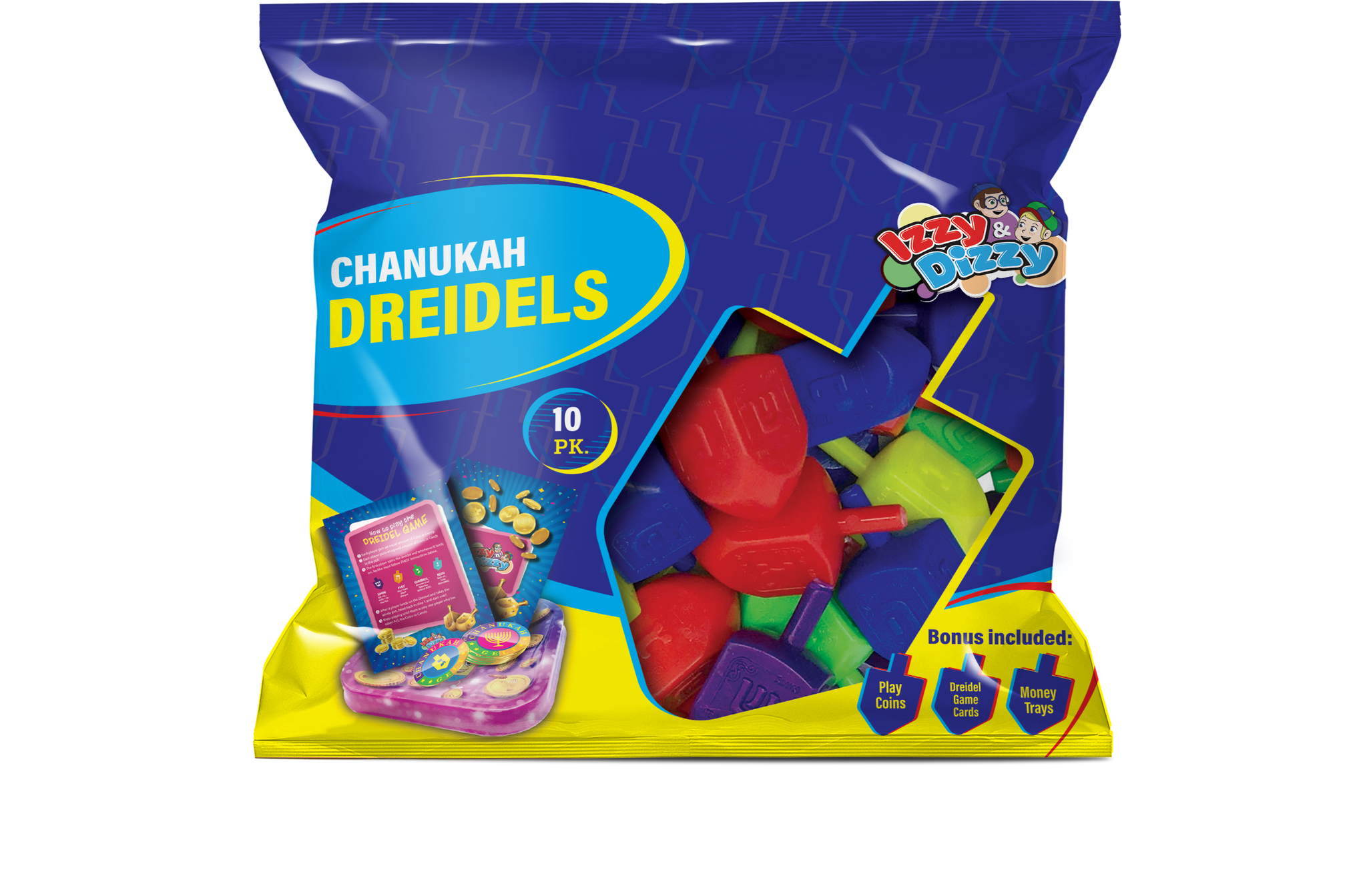 10PK. Multi Color Plastic Dreidels Medium Pack