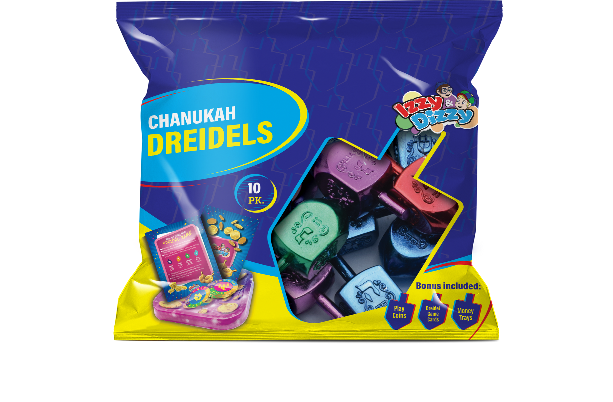 10PK. Multi Color Metallic Dreidels Medium Pack