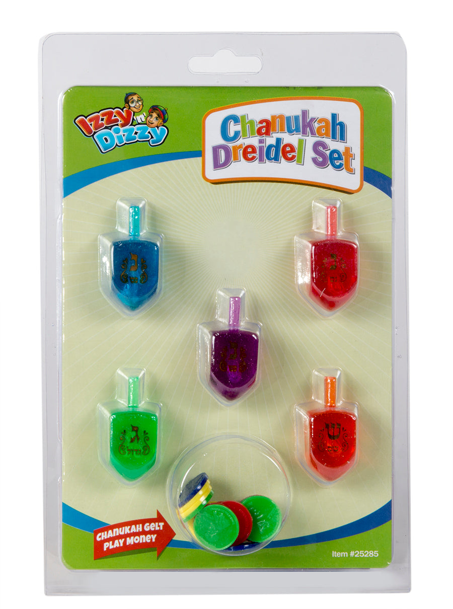5 PK. Dreidel SET, Clear with Glitter inside