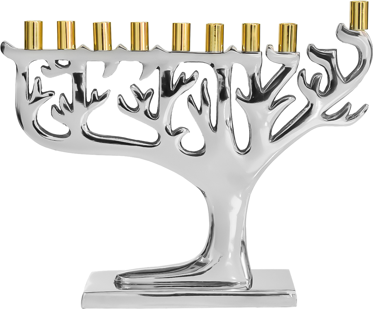 Silvertone Tree Of Life Menorah - Gold Tip