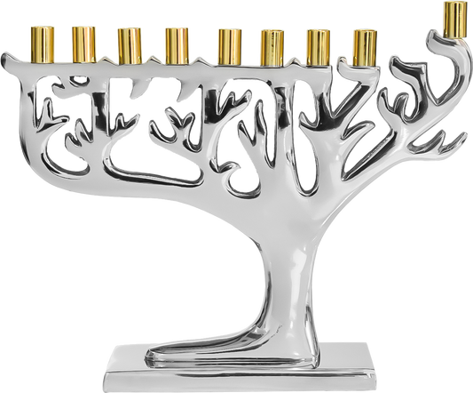 Silvertone Tree Of Life Menorah - Gold Tip