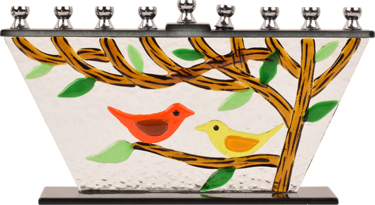 Hand Crafted Glass Menorah - Tree of Life - Birds
