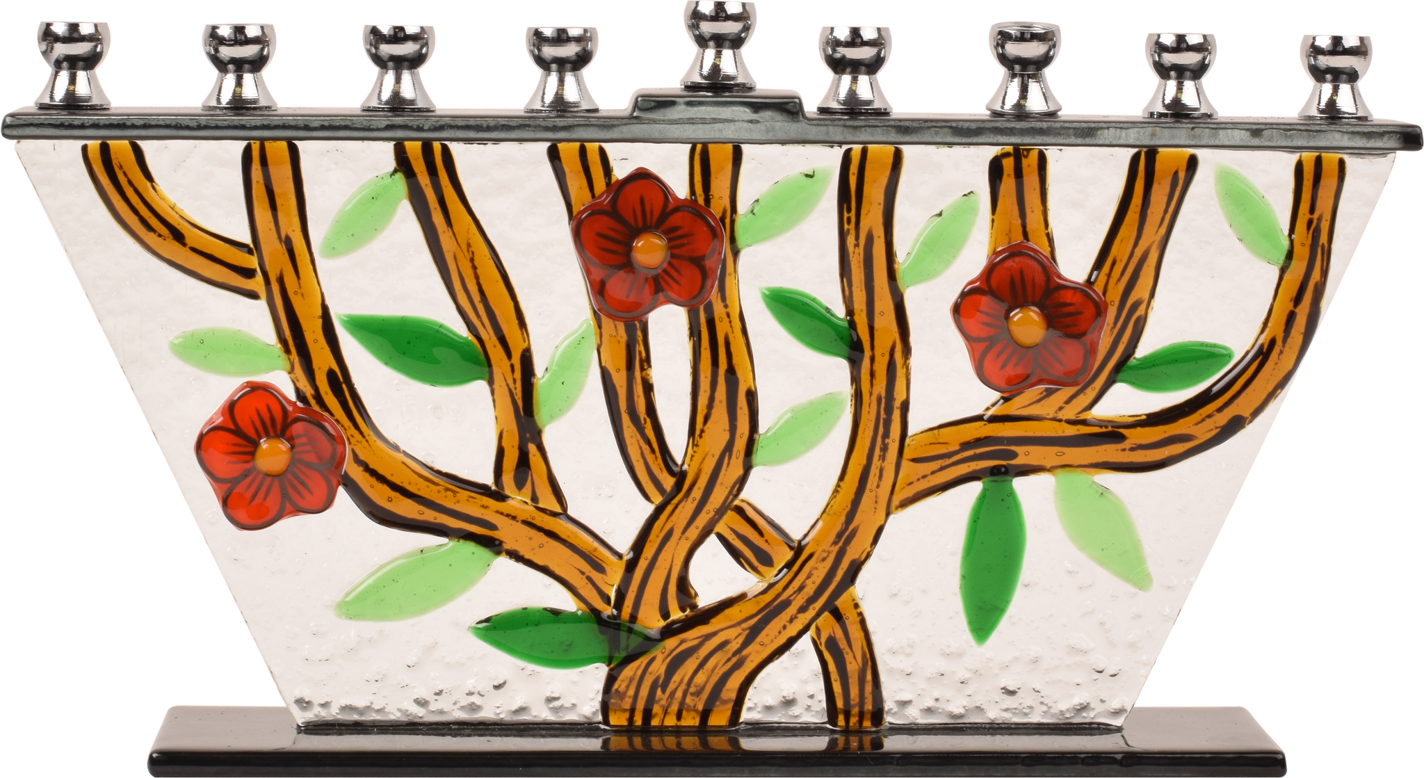 Hand Crafted Glass Menorah - Tree of Life - Flowers