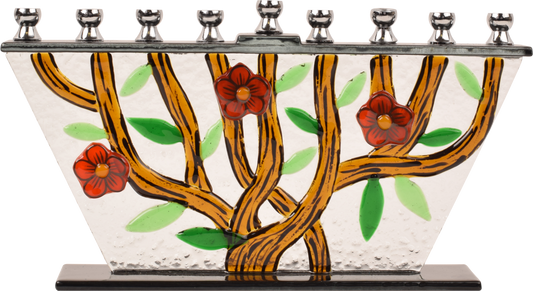Hand Crafted Glass Menorah - Tree of Life - Flowers