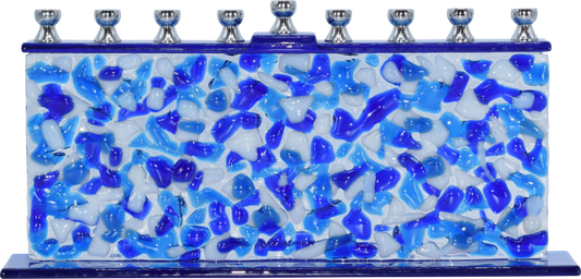 Hand Crafted Glass Menorah - Confetti Blue & White