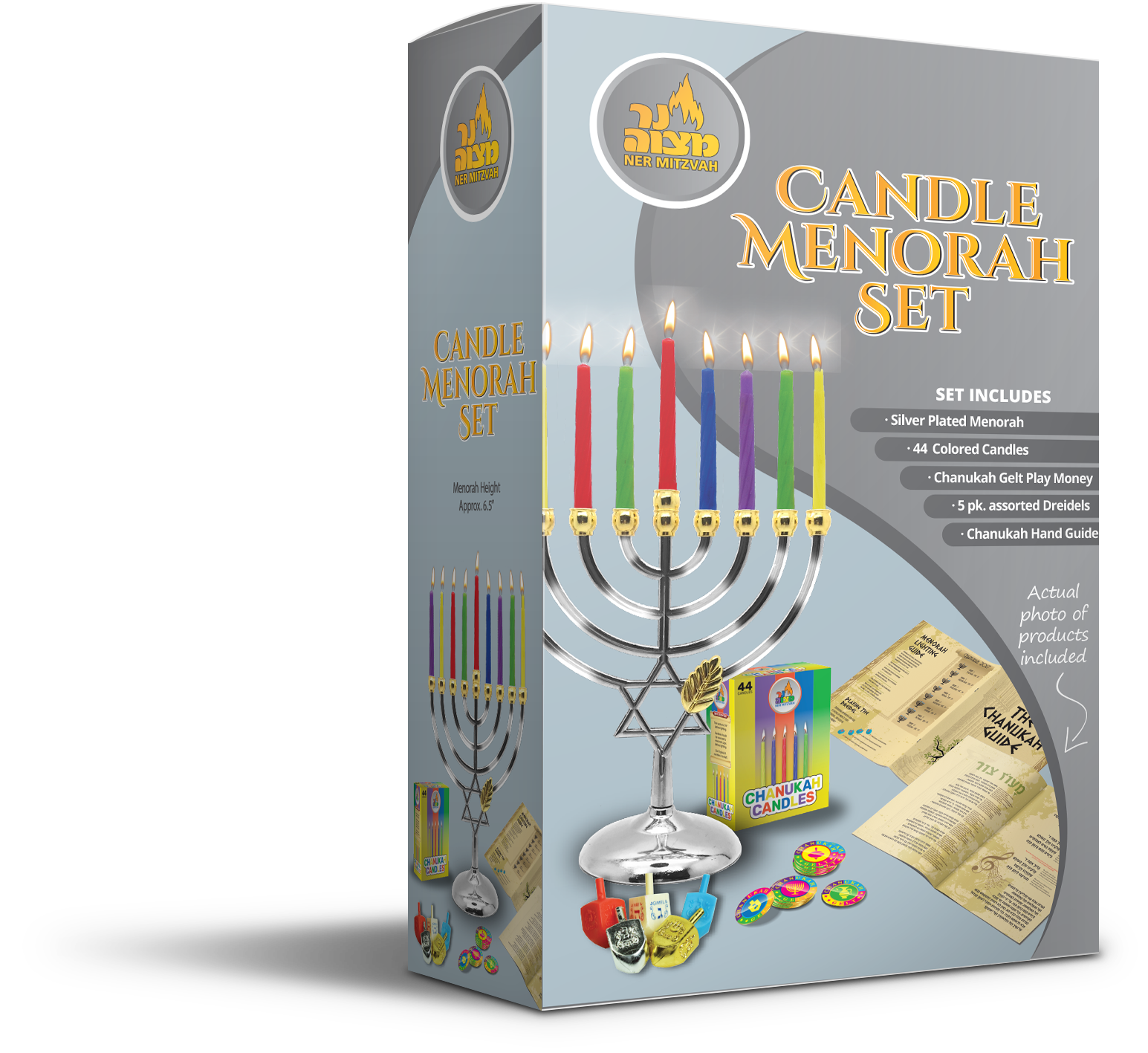 Candle Menorah Set Chrome Plated W/ Gold Tips