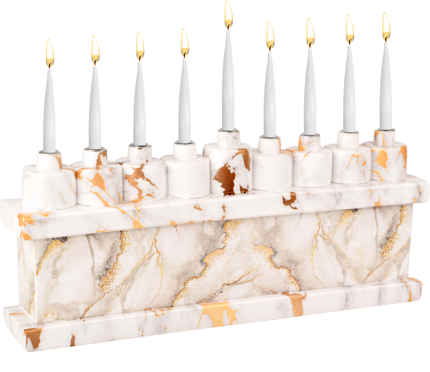 Hand Painted Resin Menorah - White Marbleized