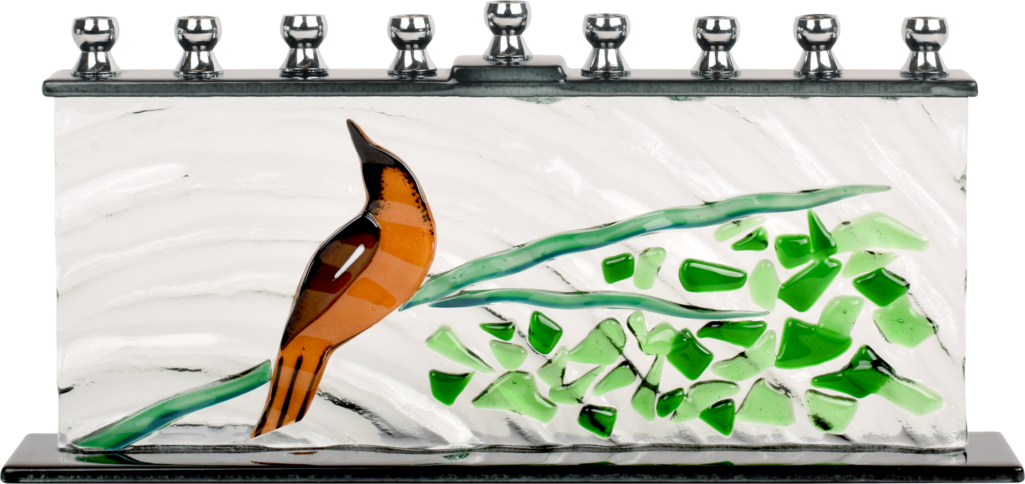 Hand Crafted Glass Menorah - Tree Of Life Singing Bird
