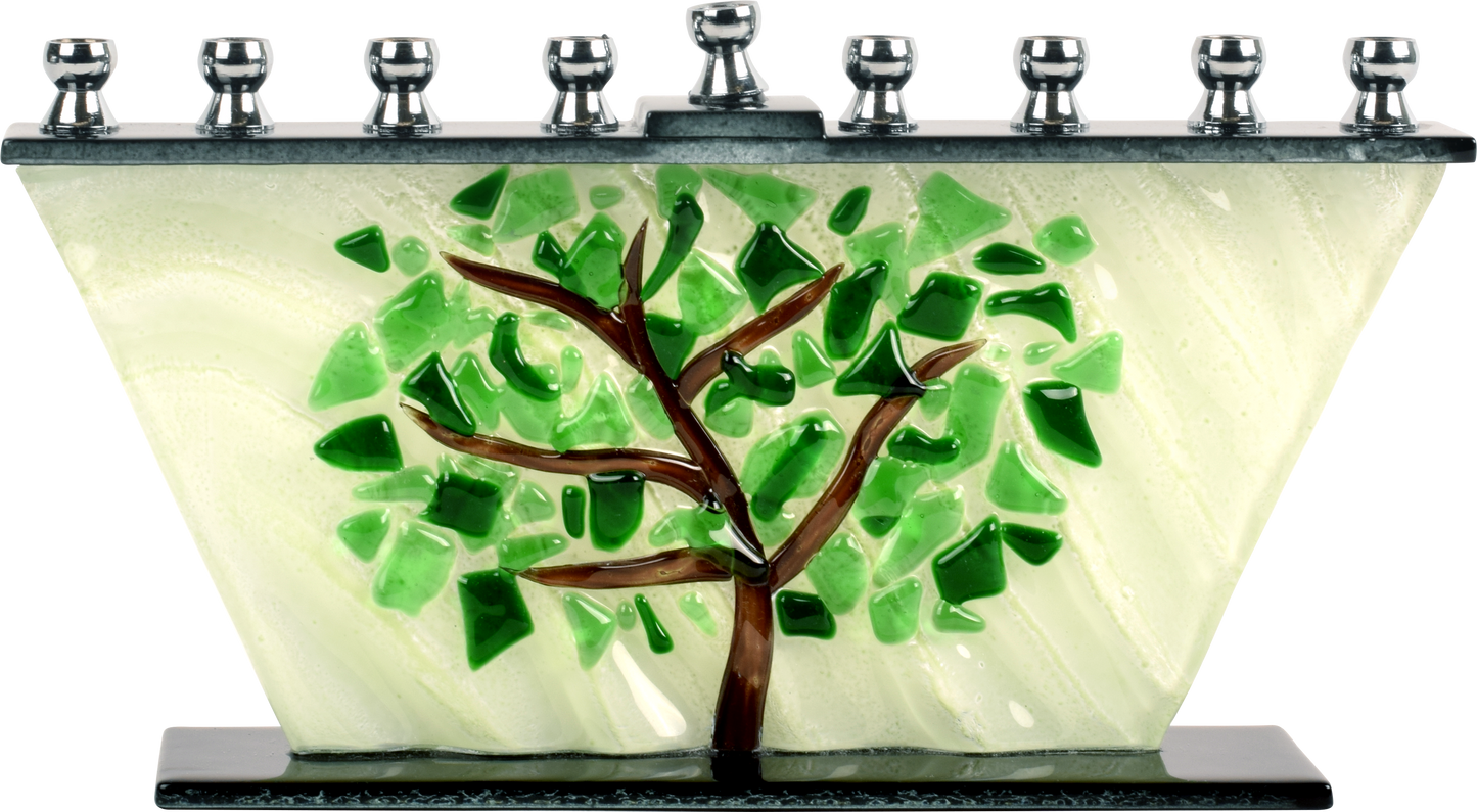 Hand Crafted Glass Menorah - Tree Of Life Shattered Leaves