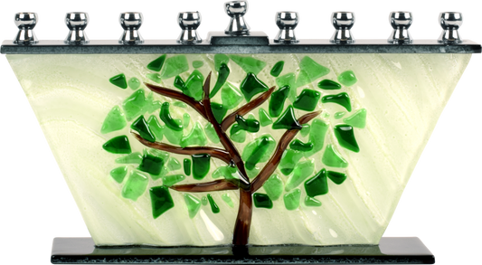 Hand Crafted Glass Menorah - Tree Of Life Shattered Leaves