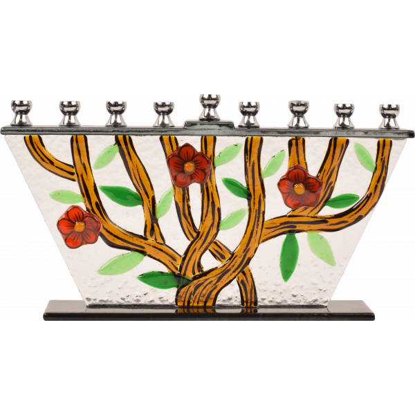 Hand Crafted Glass Menorah - Tree of Life - Flowers