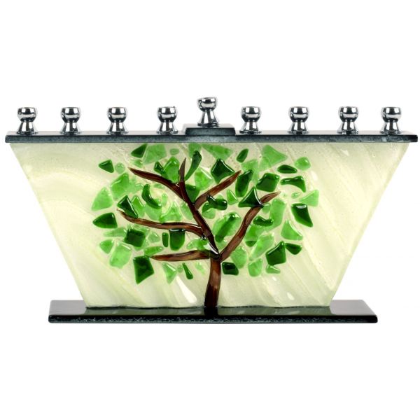 Hand Crafted Glass Menorah - Tree Of Life Shattered Leaves